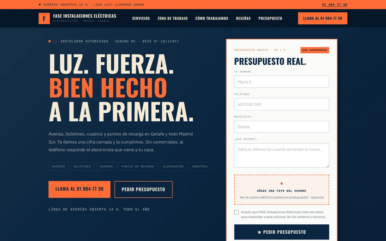 Página de inicio de la plantilla FASE Instalaciones