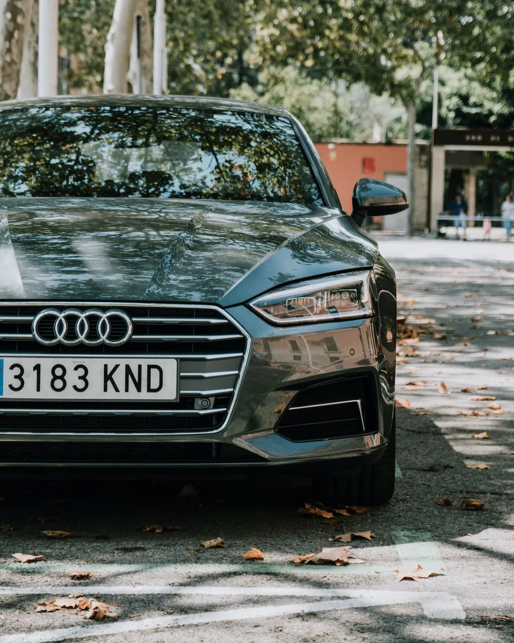 Audi A5 gris con matrícula española, aparcado en una calle arbolada de Barcelona